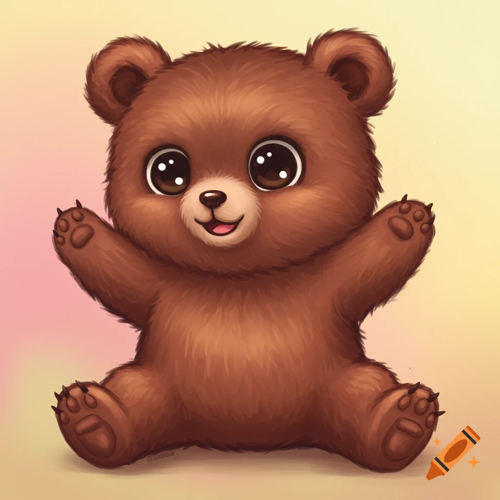 A cute fluffy brown cartoon bear with large eyes sitting on a light background, arms outstretched.