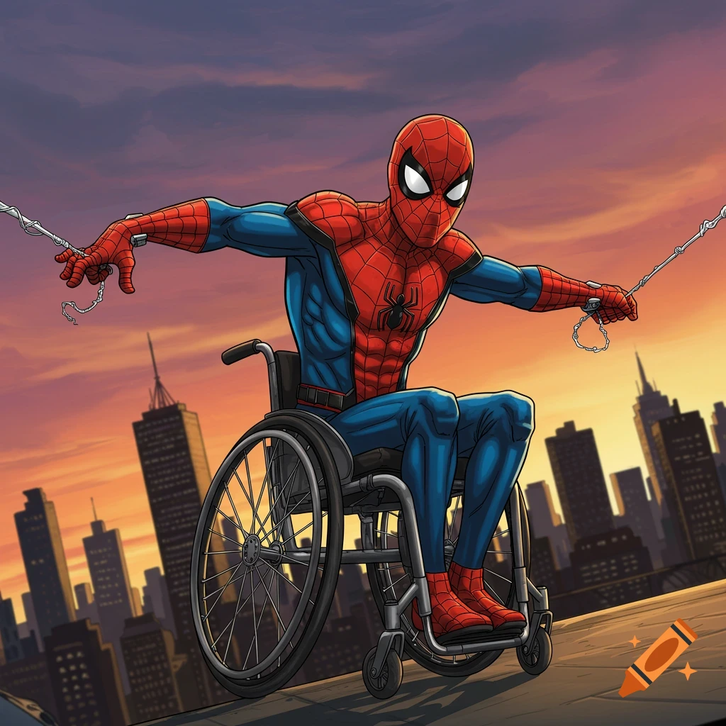 Spider-Man in his iconic red and blue suit sits in a wheelchair on a city rooftop with a sunset sky.