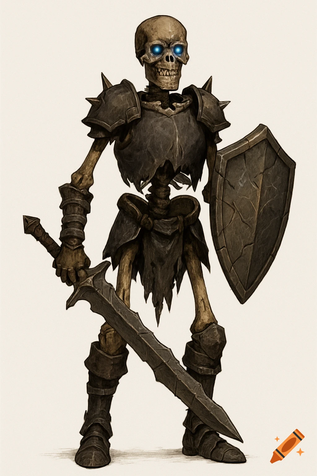 Skeleton warrior with glowing blue eyes, dark armor, holding a jagged sword and a cracked shield on a white background.