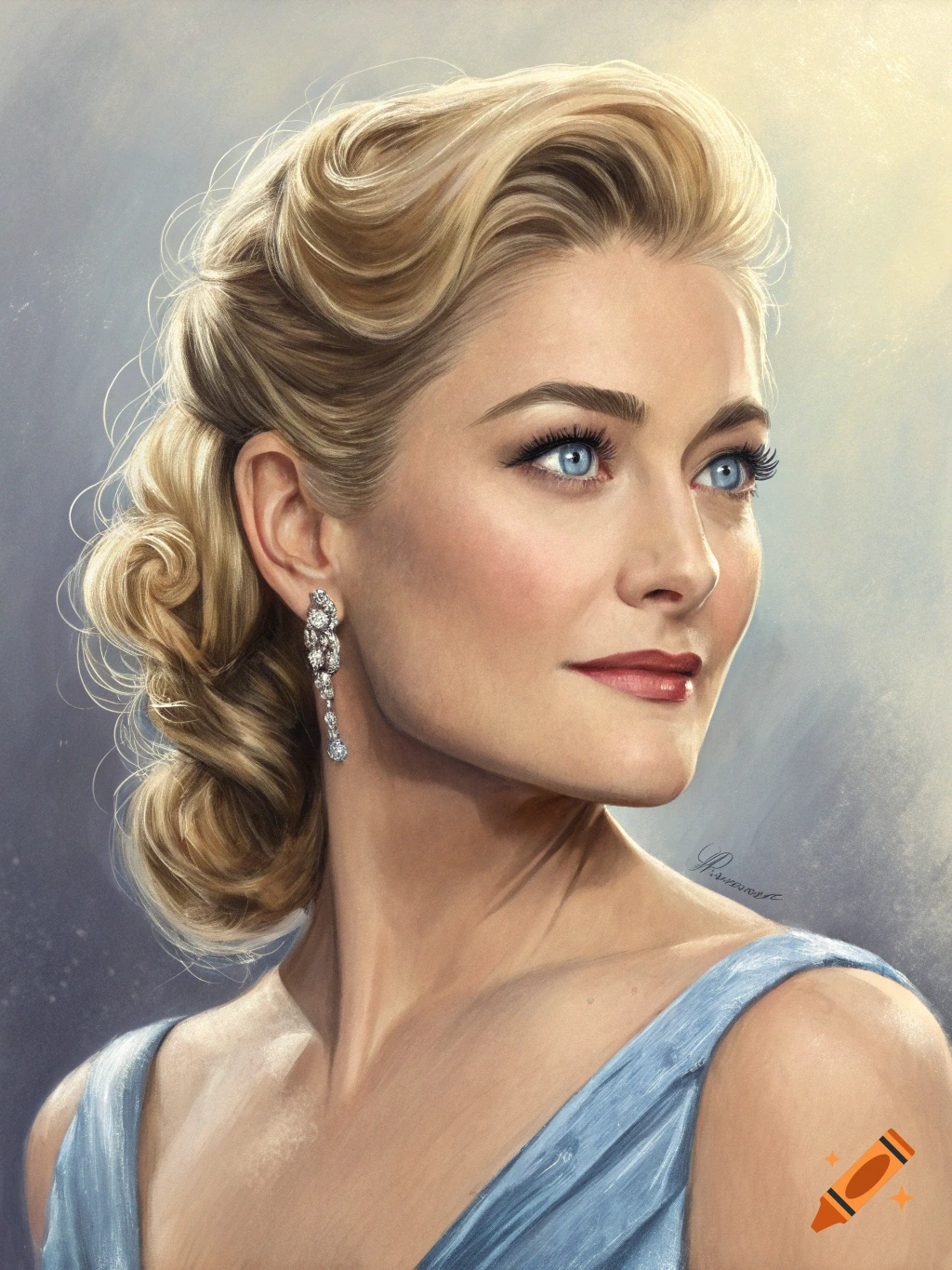 A digital painting of a woman with blonde hair and blue eyes, wearing a blue dress and a diamond earring, looking right.