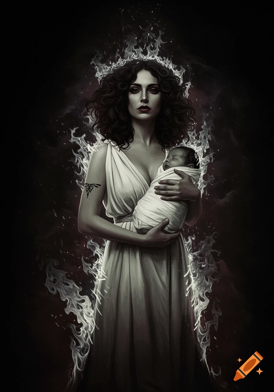 A woman with dark curly hair in a white toga-like dress holds a swaddled baby, surrounded by white flames against a dark background, in a dramatic art style.