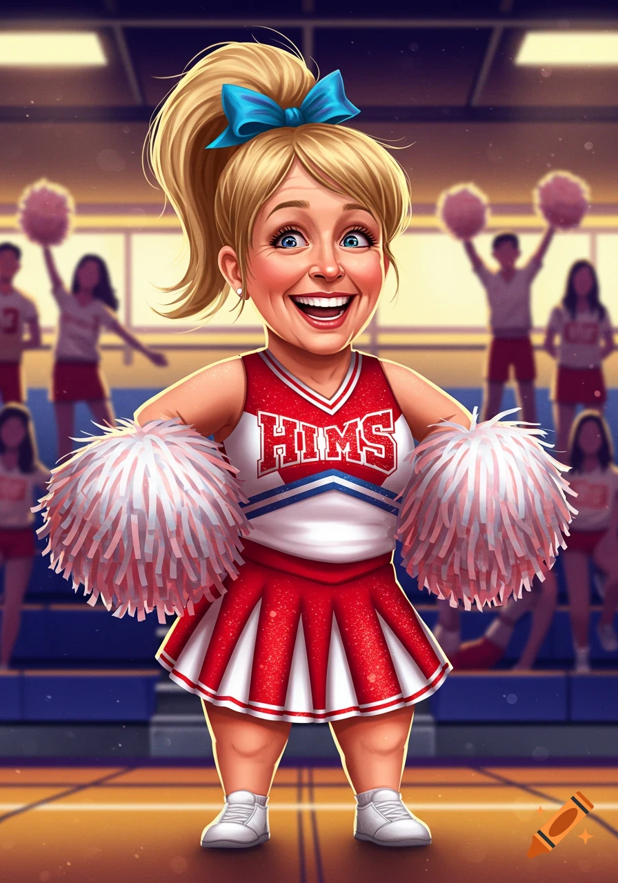 A cheerful cartoon cheerleader with blonde hair and a blue bow, wearing a red and white uniform with 'HIMS' on it, holding pom-poms in a gym.