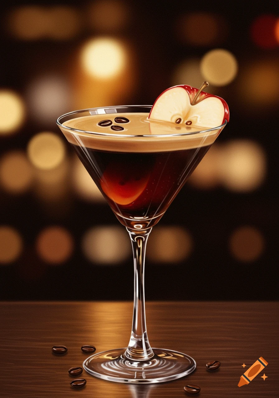 An espresso martini garnished with an apple slice and coffee beans, set against a blurred background of lights.