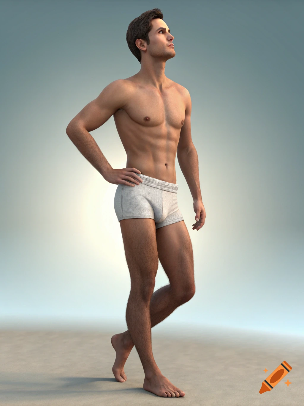 Photorealistic image of a fit male model in white underwear looking up