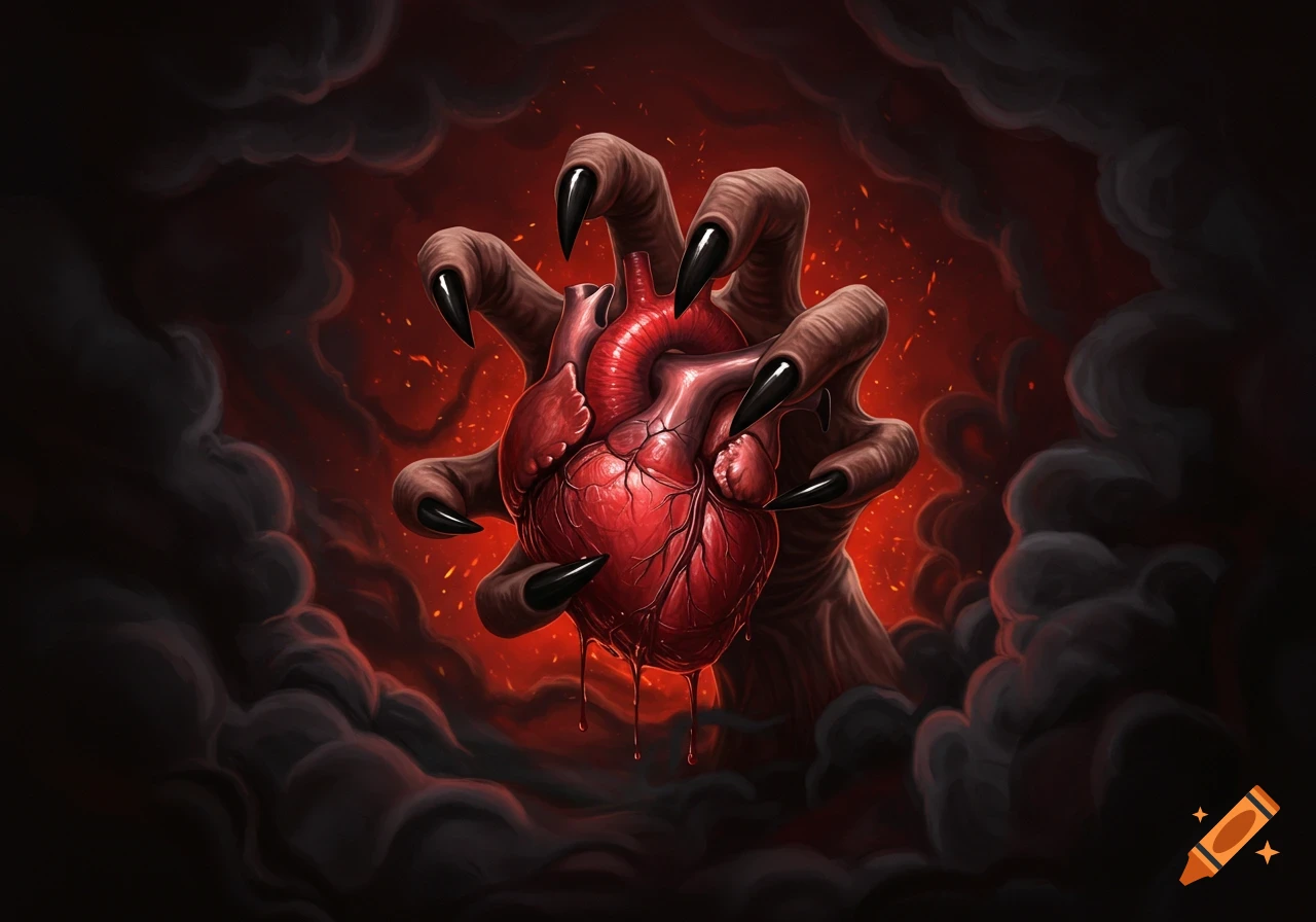 A monstrous, clawed hand clutching a bleeding human heart amidst a fiery, smoky background, in a dark fantasy art style.