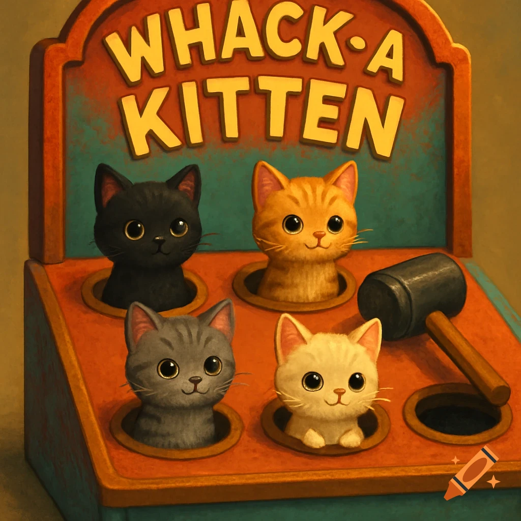 A cartoon Whack-A-Kitten arcade game featuring four cute kittens of different colors popping out of holes, with a mallet on the side.