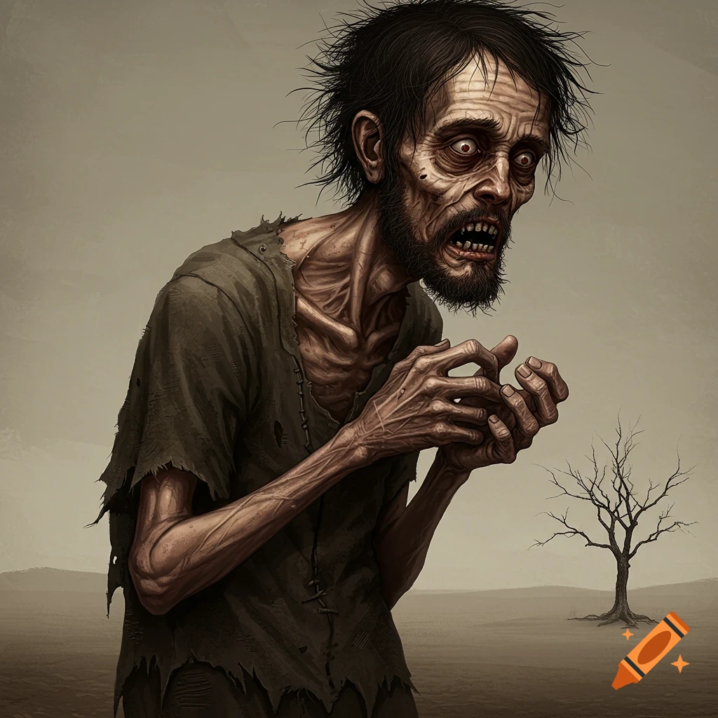A gaunt, disheveled figure with sunken eyes and ragged clothes stands in a barren landscape.