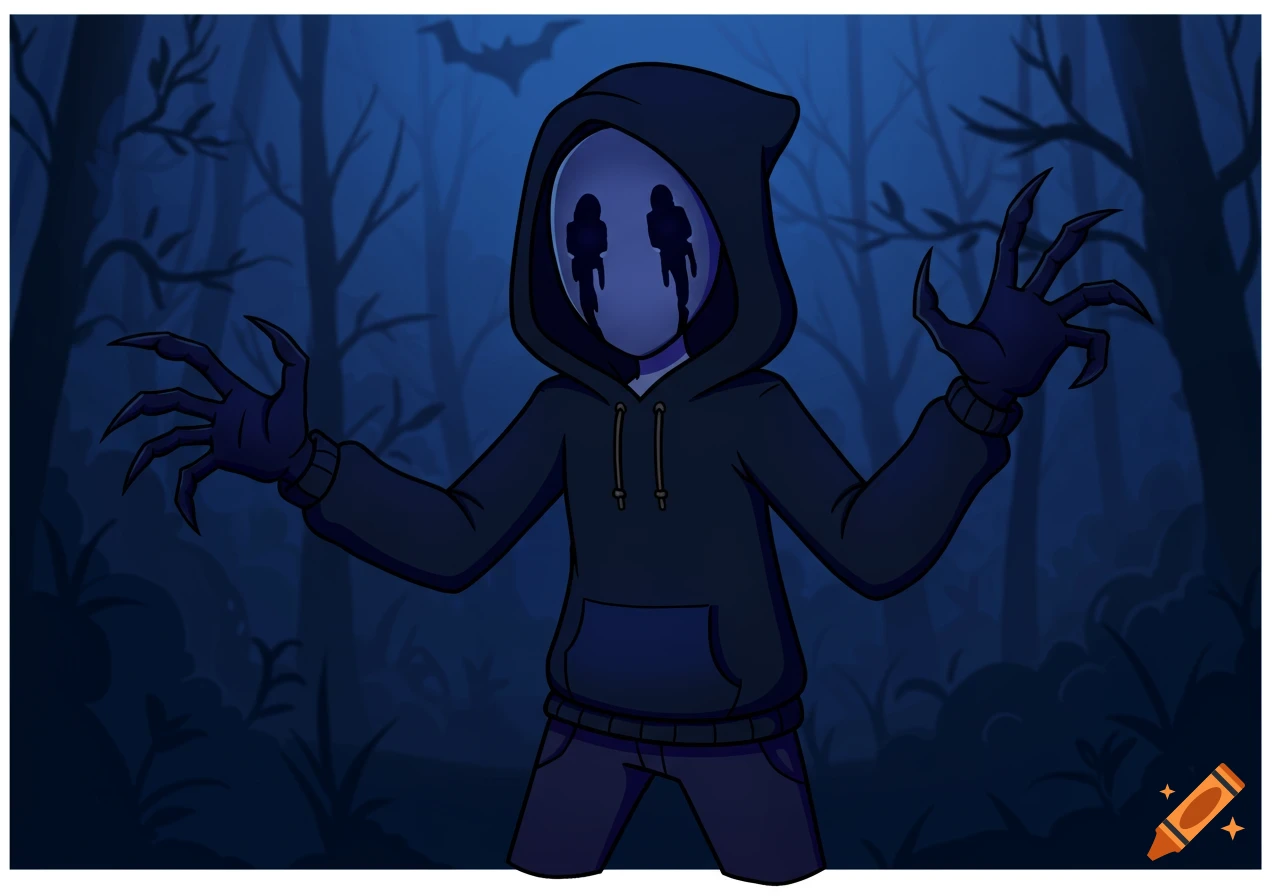 Cartoon Eyeless Jack, a creepy humanoid in a black hoodie with black dripping eye sockets and clawed hands, stands in a dark spooky forest at night.