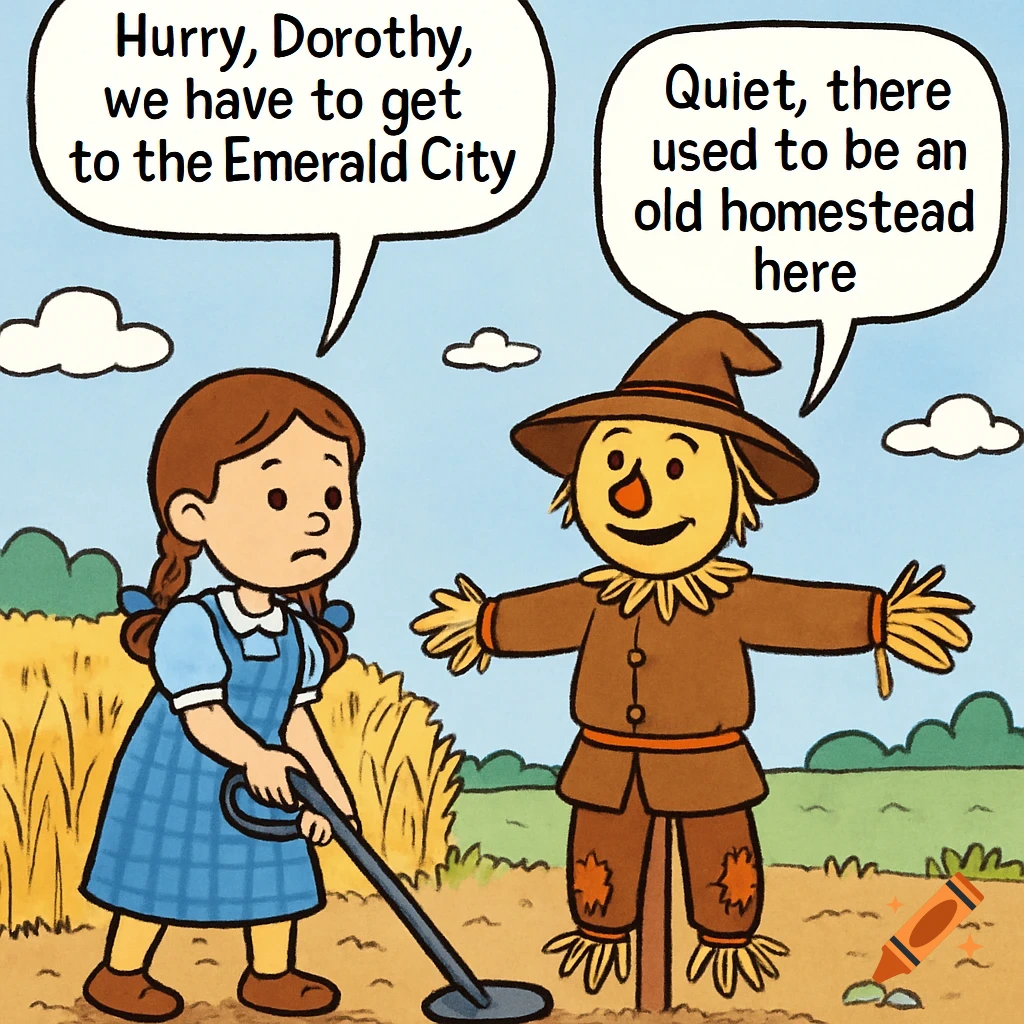 A cartoon of Dorothy, with a metal detector, and Scarecrow in a field with speech bubbles.