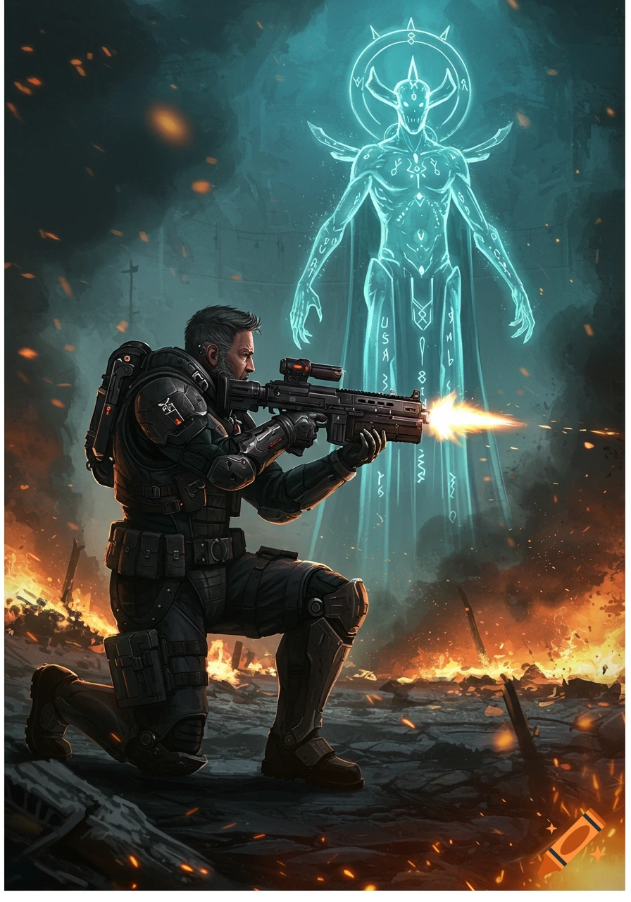 A soldier in black combat gear kneels, firing a rifle with a muzzle flash at a large, glowing, blue ethereal alien-like entity in a fiery, smoke-filled warzone.