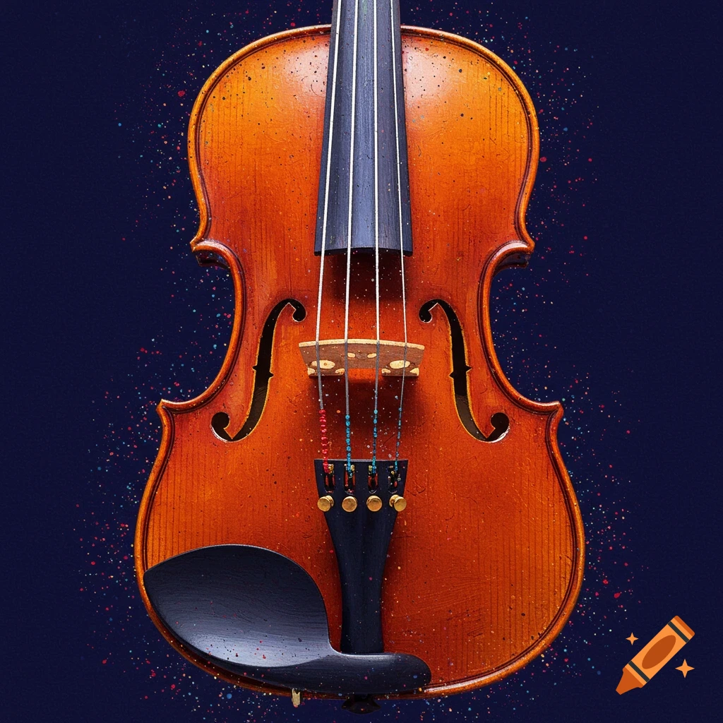 A wooden violin with black accents on a dark blue background with colorful paint splatters.