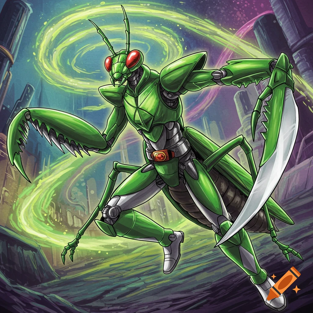 A green robotic praying mantis Power Ranger Zord in a dynamic pose, in a futuristic city with green energy swirls.