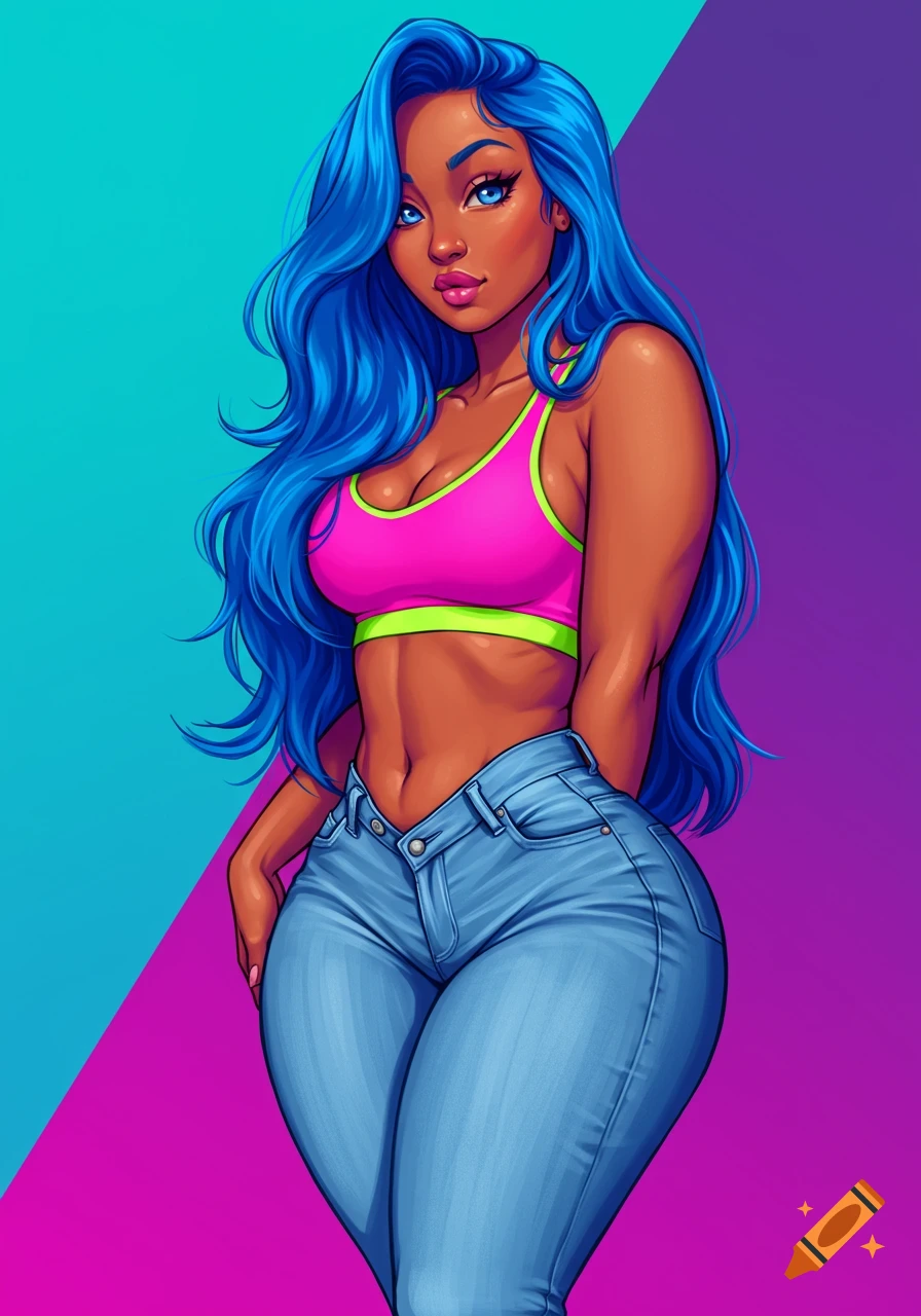 Stylized illustration of a curvy woman with long blue hair, wearing a pink sports bra and low-waisted blue jeans, against a split blue and purple background.