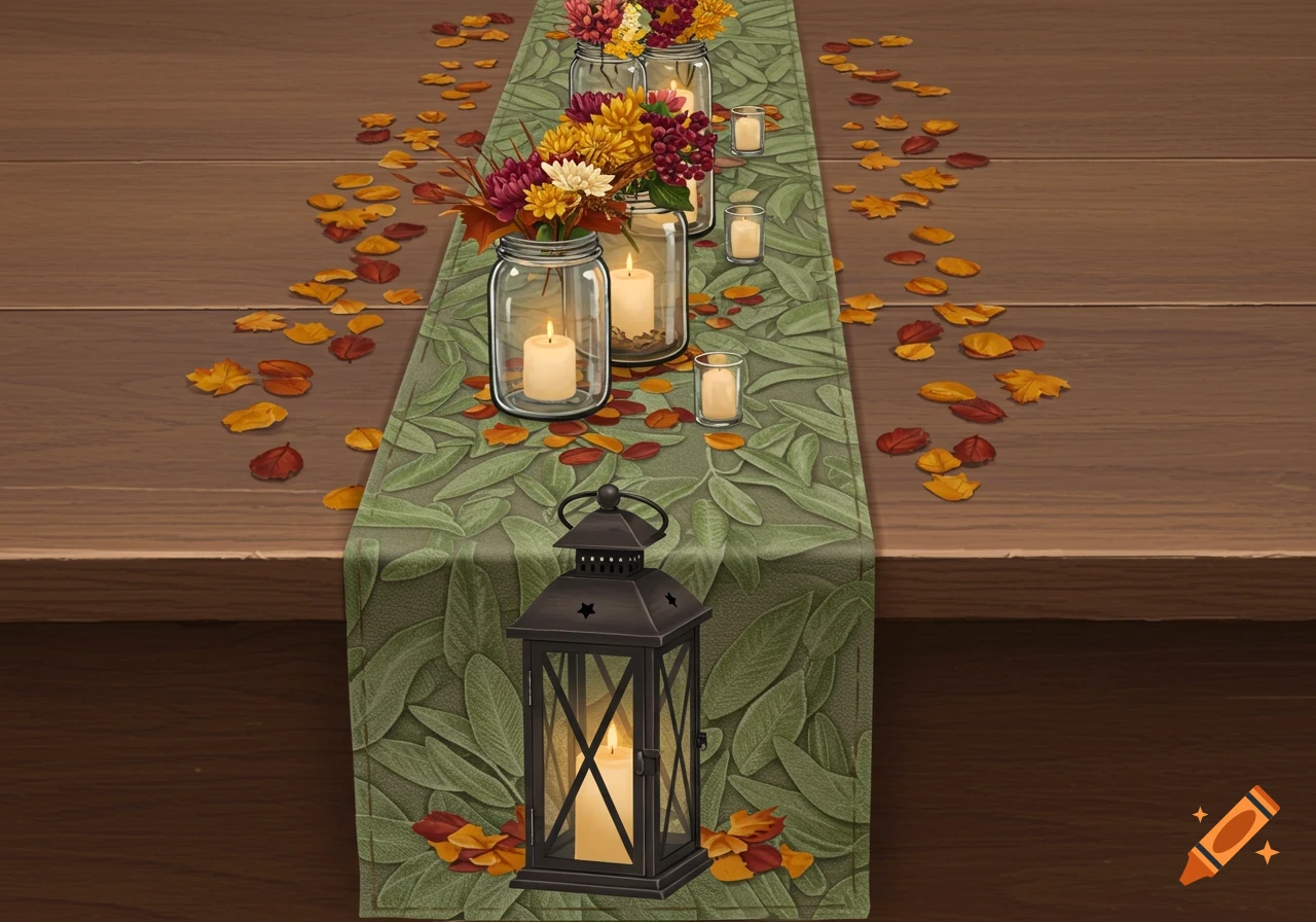 An autumn-themed table runner with green leaves, featuring jars of colorful flowers, candles, and a lantern, surrounded by scattered autumn leaves on a wooden table.