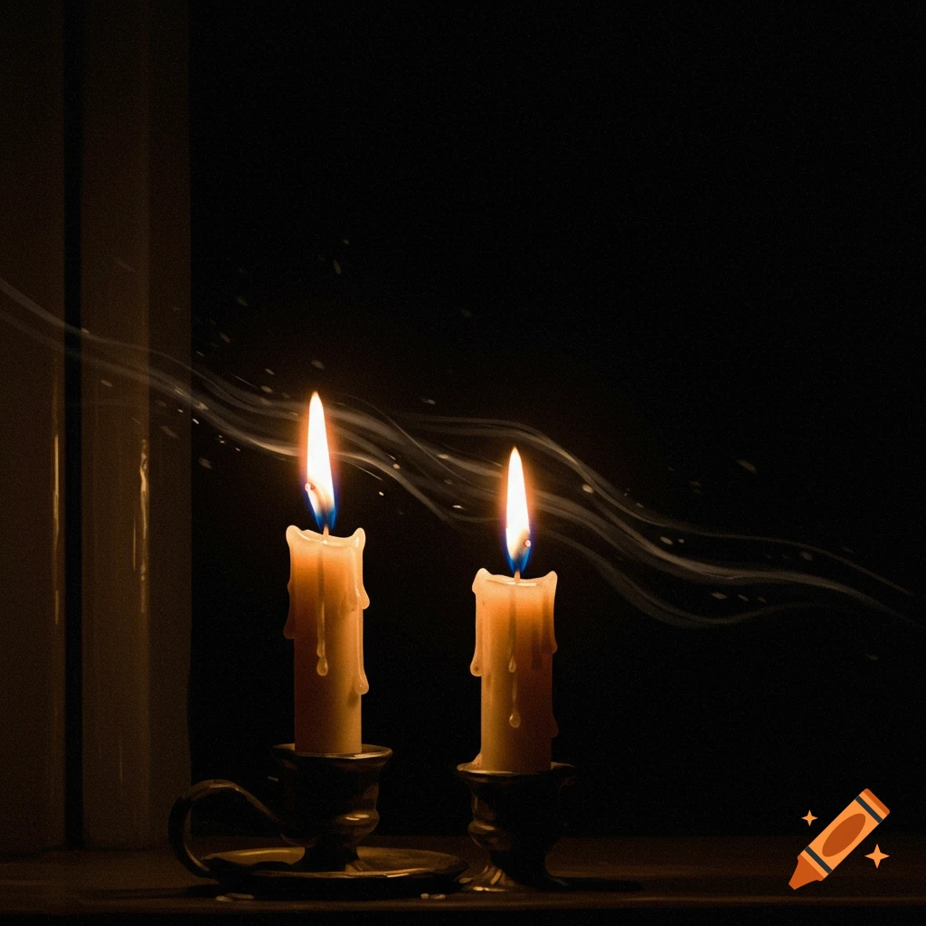 Two lit candles in ornate holders glow brightly in a dark room, with wisps of smoke and light particles in the air.