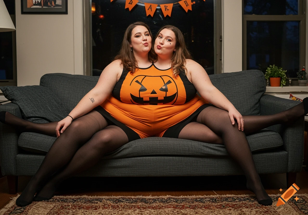 Two women in a conjoined pumpkin Halloween costume sit on a couch, crossing their legs.