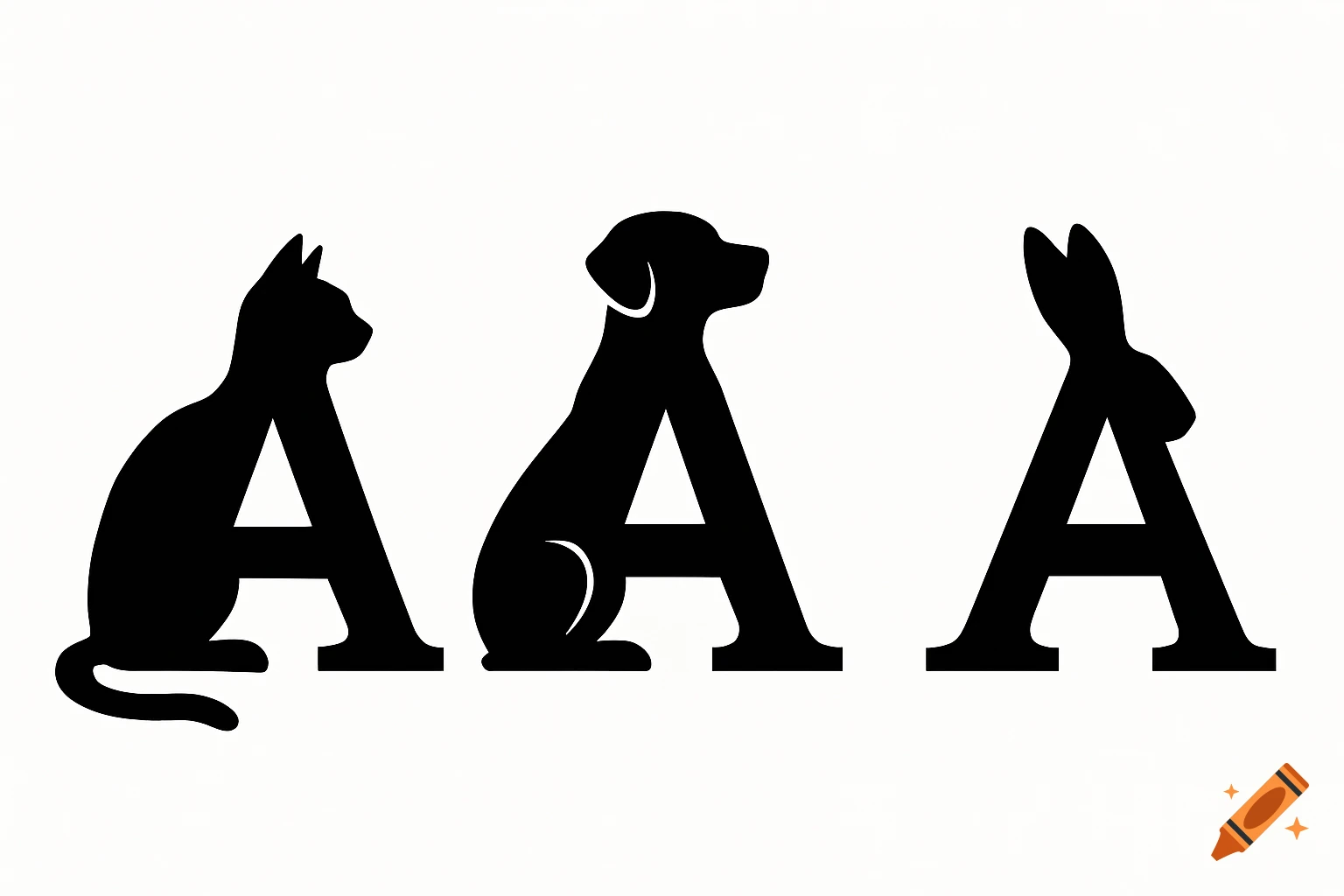 Black silhouettes of a cat, dog, and rabbit forming three capital letter 'A's on a white background.