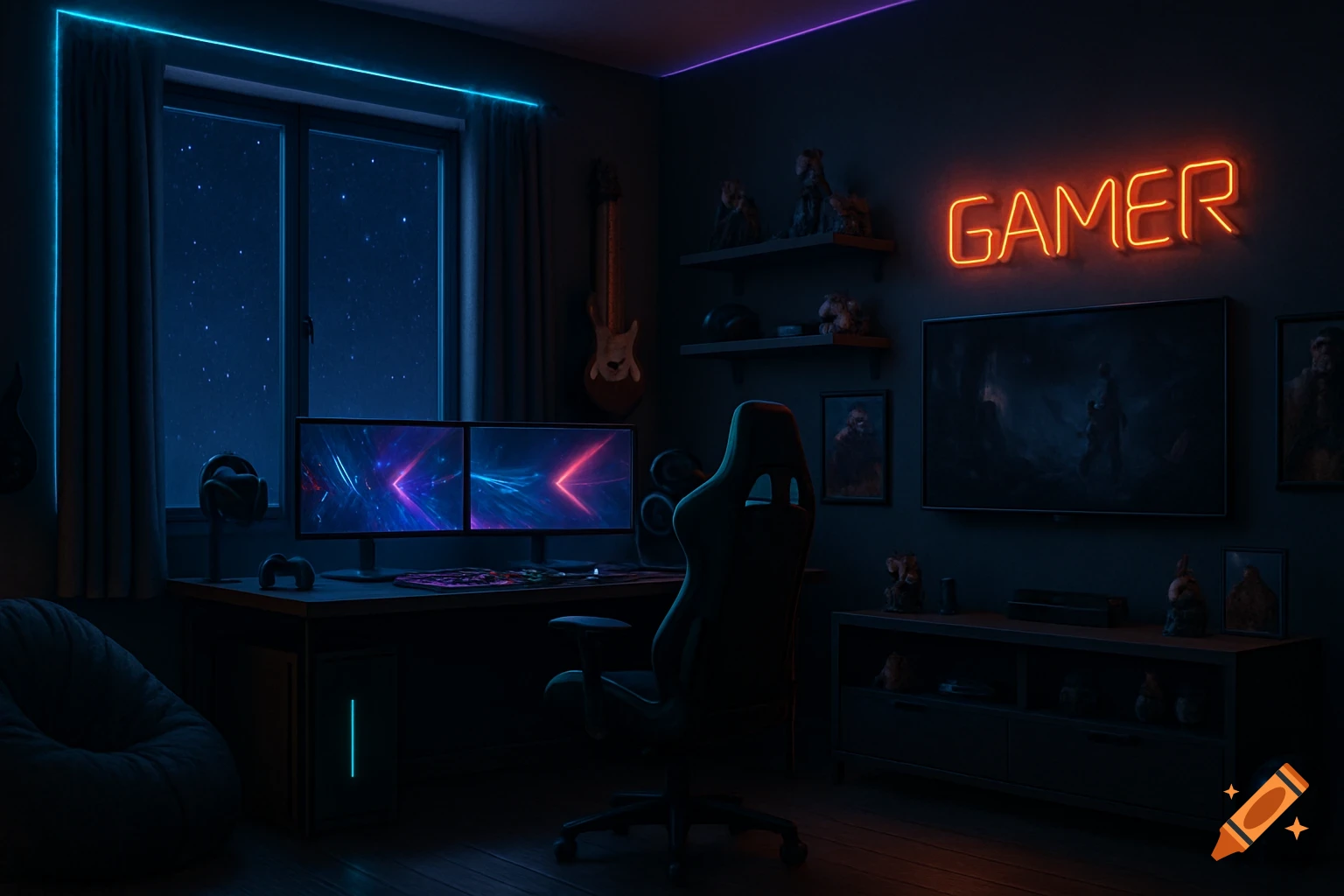 A dark, modern gaming room with neon lights, dual monitors on a desk, a gaming chair, and a 'GAMER' neon sign on the wall.