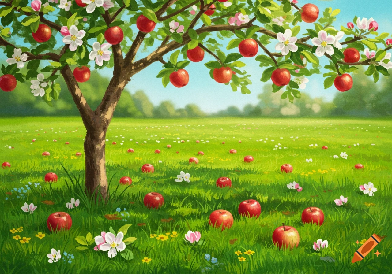 A vibrant painting of an apple tree covered in red apples and white blossoms, standing in a green meadow with scattered flowers and fallen apples.