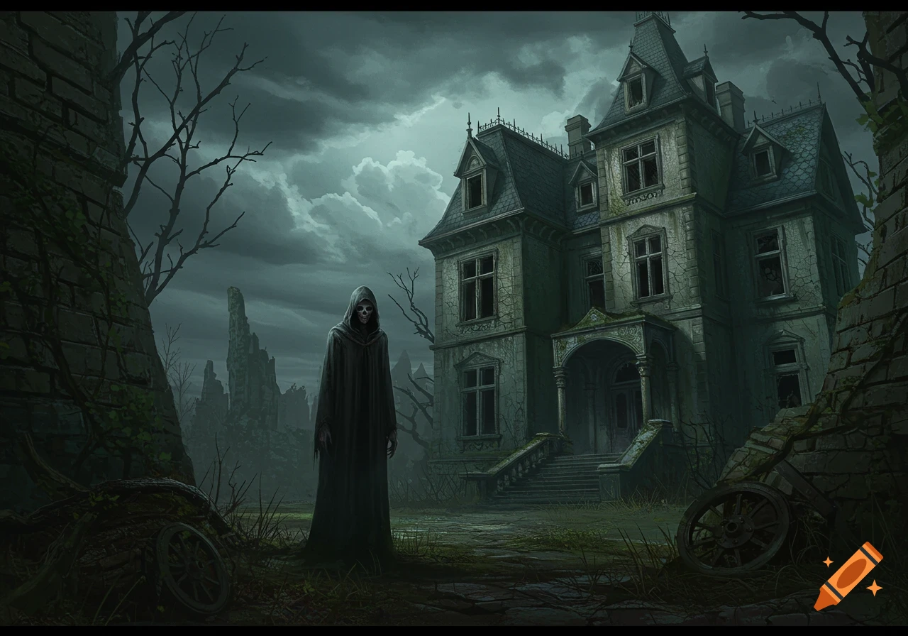 A hooded skeletal figure stands on overgrown grounds in front of a dilapidated haunted mansion under a dark, stormy sky in a dark fantasy art style.