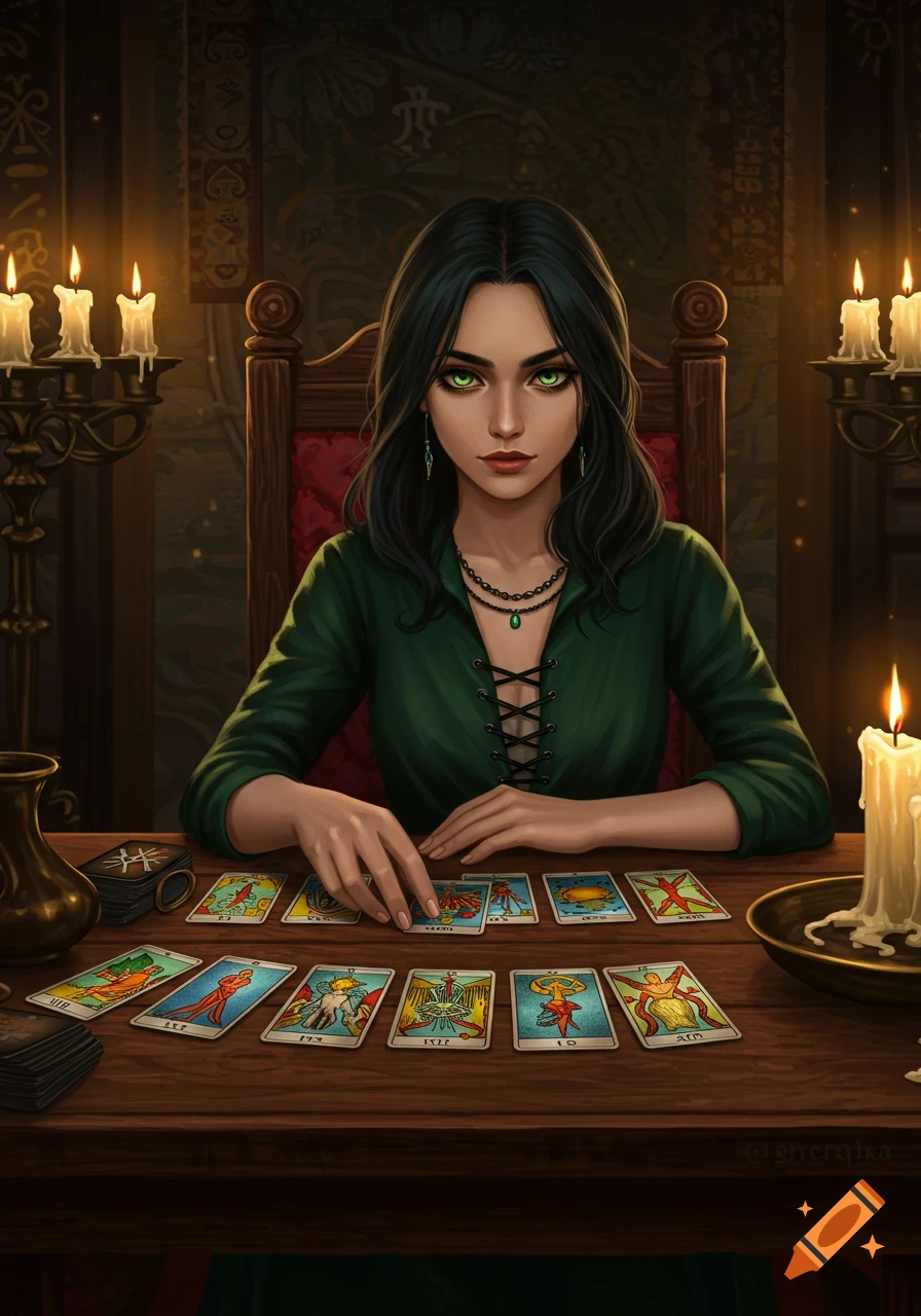 A woman with green eyes sits at a candlelit table, performing a tarot card reading in a mystical setting.