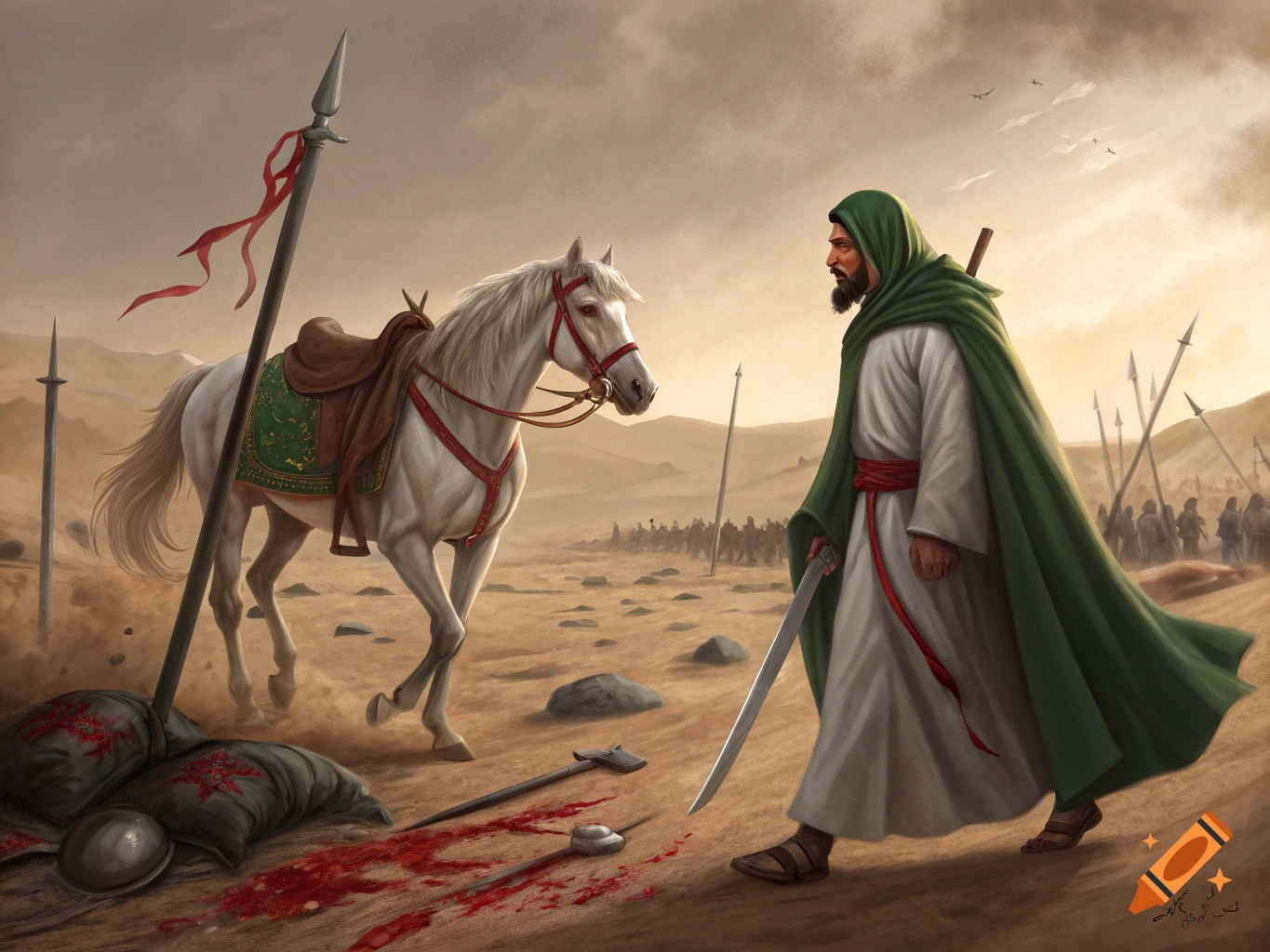 A man in a green cloak and white robes walks with a sword in a desert battlefield at sunset, a white horse behind him and fallen armor with blood on the ground.