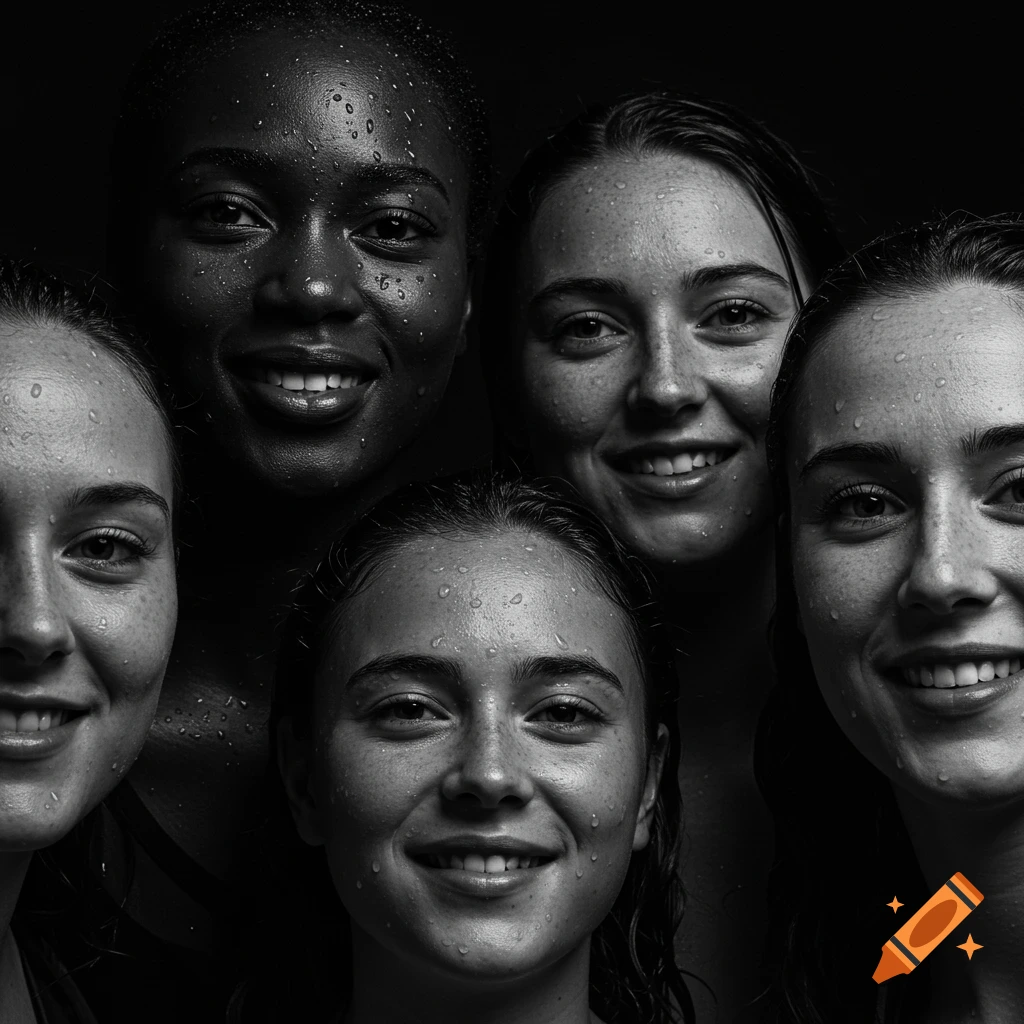 Close-up black and white portrait of five smiling individuals with water droplets on their faces.