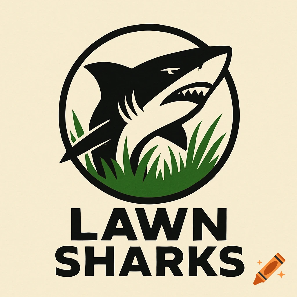 A black and green logo featuring a shark emerging from green grass within a black circle, with the words 'LAWN SHARKS' in bold text below.