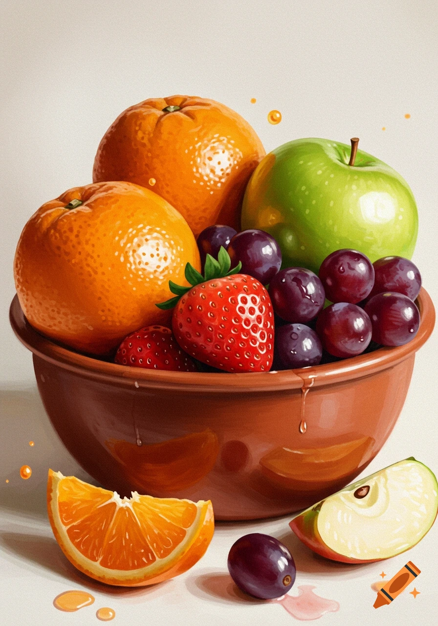 Vibrant still life of a brown bowl overflowing with oranges, a green apple, red strawberries, and purple grapes, with fruit slices on a white surface.