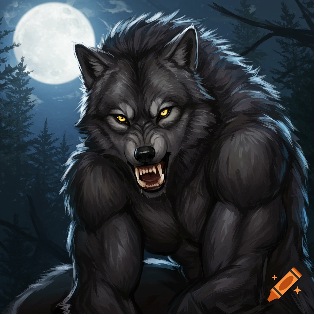A snarling, muscular werewolf with glowing yellow eyes stands in a dark forest under a bright full moon.
