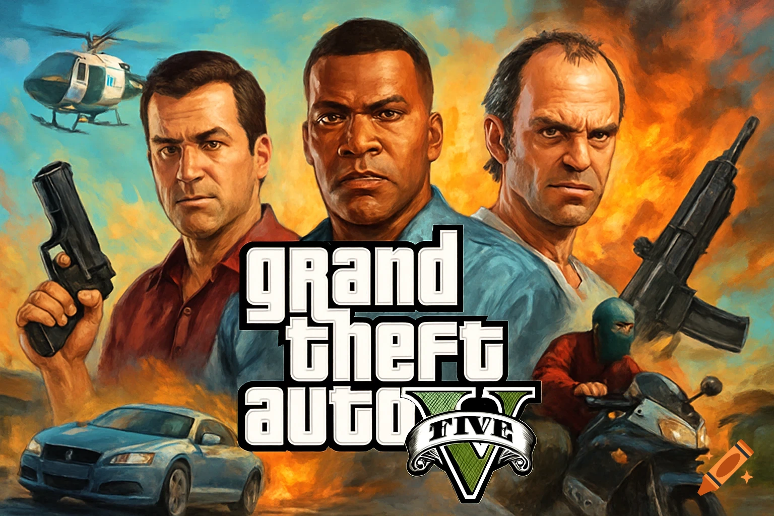 Illustrated cover art for Grand Theft Auto V, featuring the three protagonists, vehicles, and the game logo.