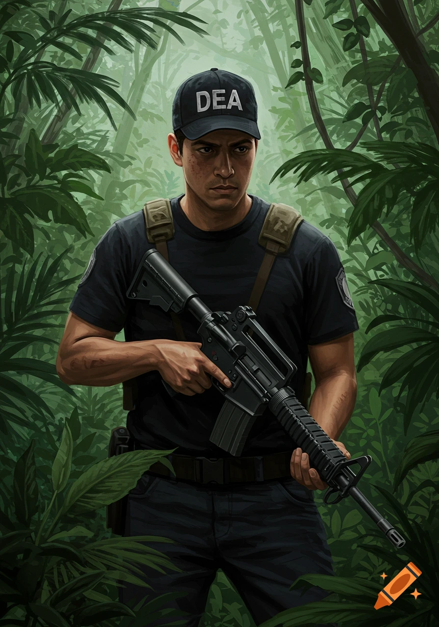 A determined man in a black DEA cap and shirt holds an M4 rifle in a lush jungle, looking forward.