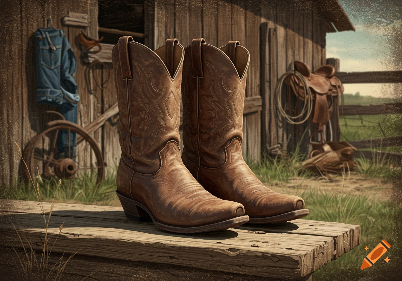 A pair of brown, worn cowboy boots sit on a wooden plank in front of a rustic barn with a saddle and jeans.