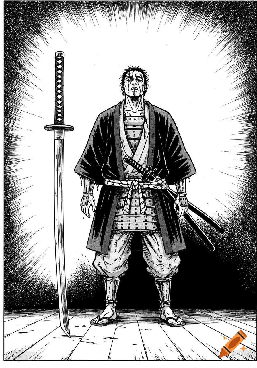 A black and white manga-style illustration of a defeated samurai standing beside his katana on a wooden floor, with a distressed expression.