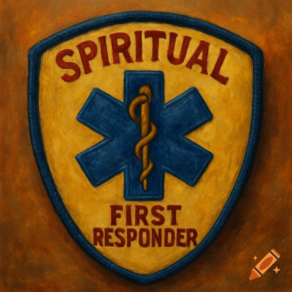 A yellow and blue shield-shaped patch featuring a Star of Life symbol and the red text 'SPIRITUAL FIRST RESPONDER'.