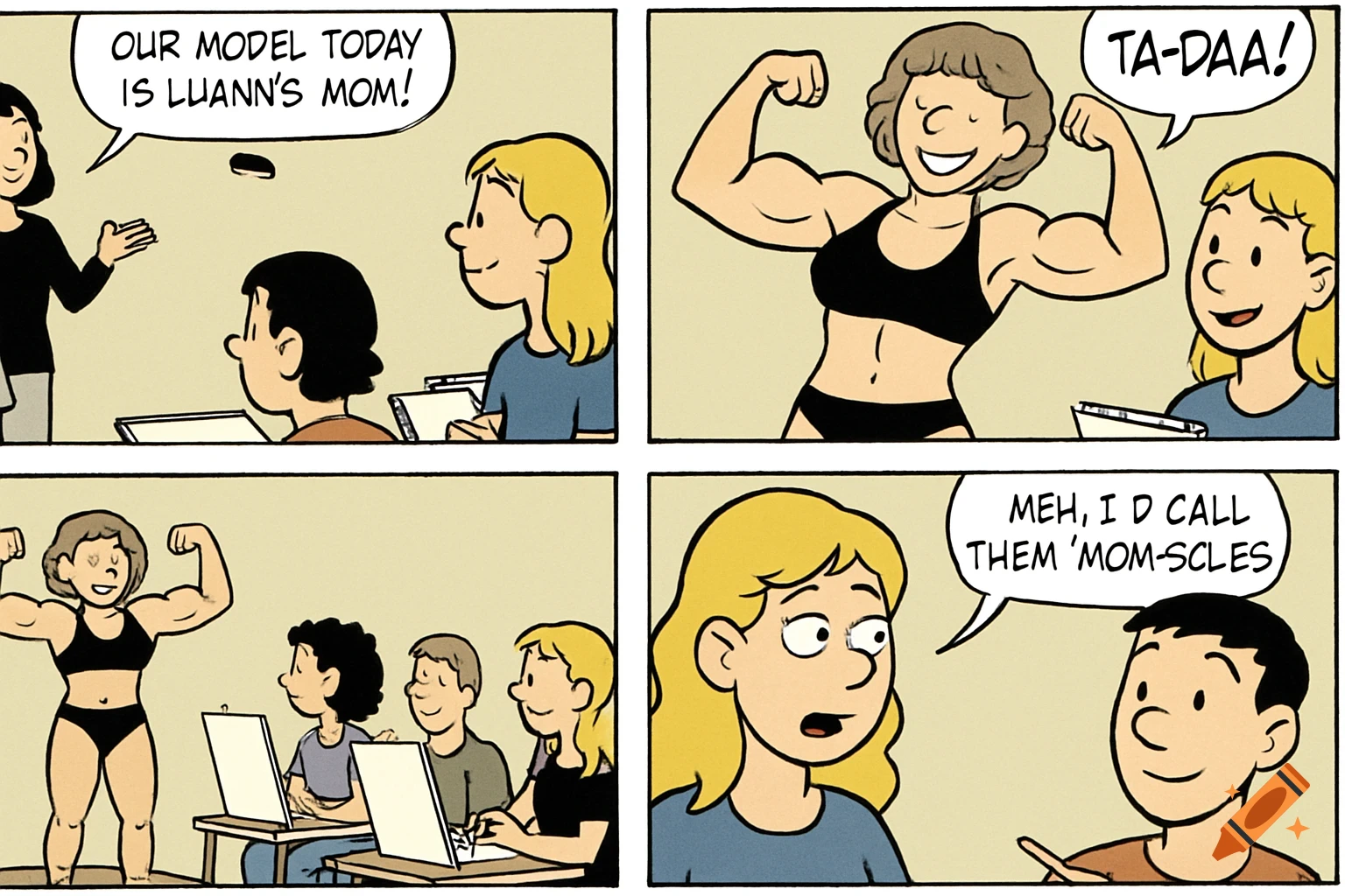 Comic strip showing Luann's mom flexing muscles in a swimsuit for an art class, then a student calling them 'Mom-scles'.