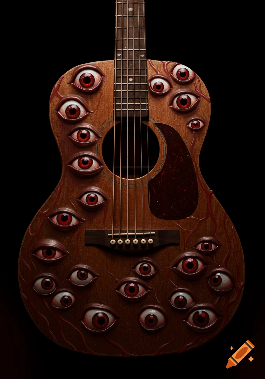 An acoustic guitar covered in many realistic red eyeballs, set against a dark background.