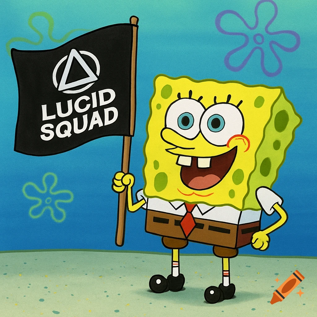 Spongebob Squarepants, a yellow cartoon sponge, stands on a sandy sea floor holding a black flag that says 'LUCID SQUAD' and features a white symbol.