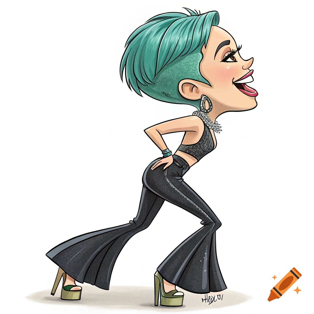 Cartoon caricature of Miley Cyrus with short teal hair, black crop top, and flared trousers, posing against a white background.