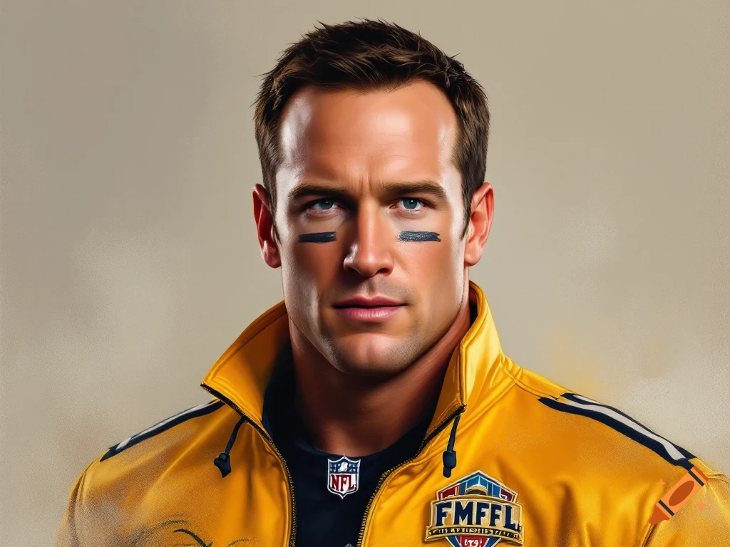 A photorealistic portrait of a man with eye black wearing a yellow and black jacket with an NFL logo and an "FMFFL" crest.