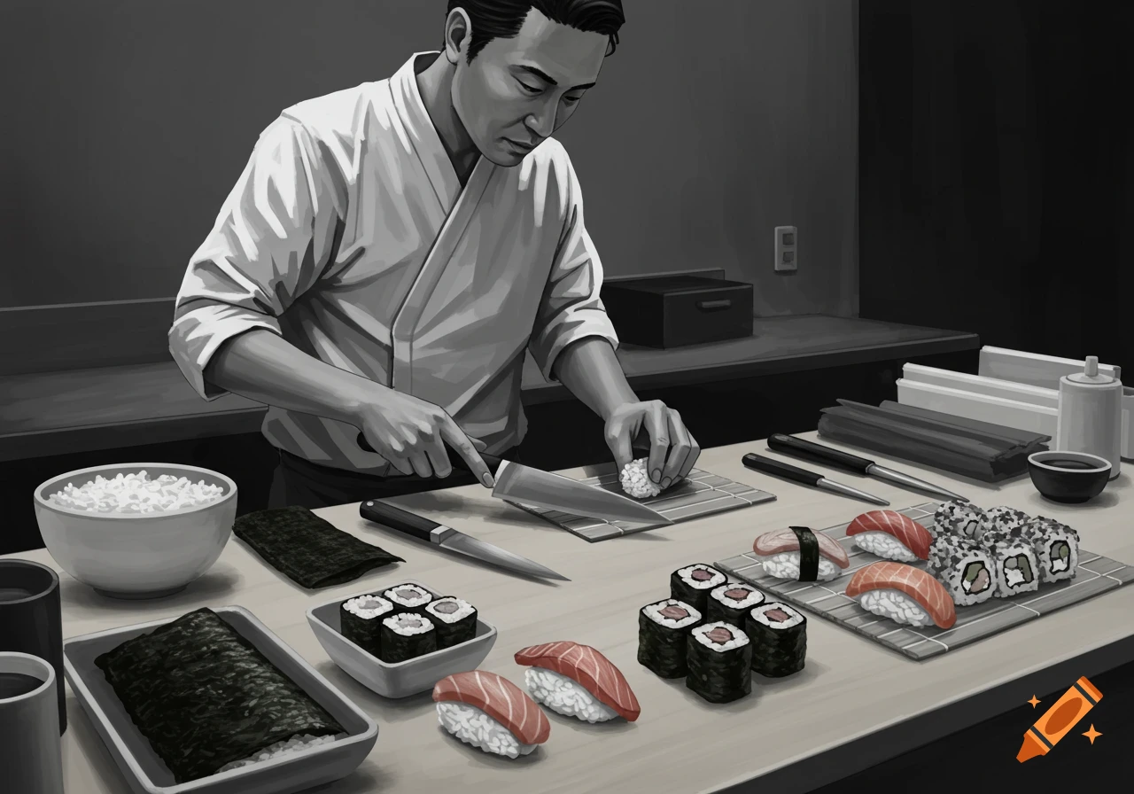 A black and white illustration of a chef preparing sushi on a counter with ingredients and tools.