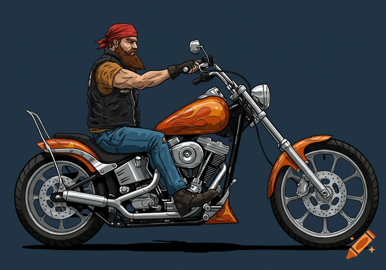 Cartoon illustration of a bearded biker in a red bandana and leather vest riding an orange custom motorcycle against a dark blue background.