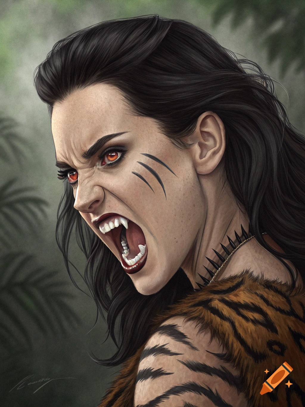 A fierce woman with red eyes and fangs snarls, wearing tiger skin, in a detailed digital painting.
