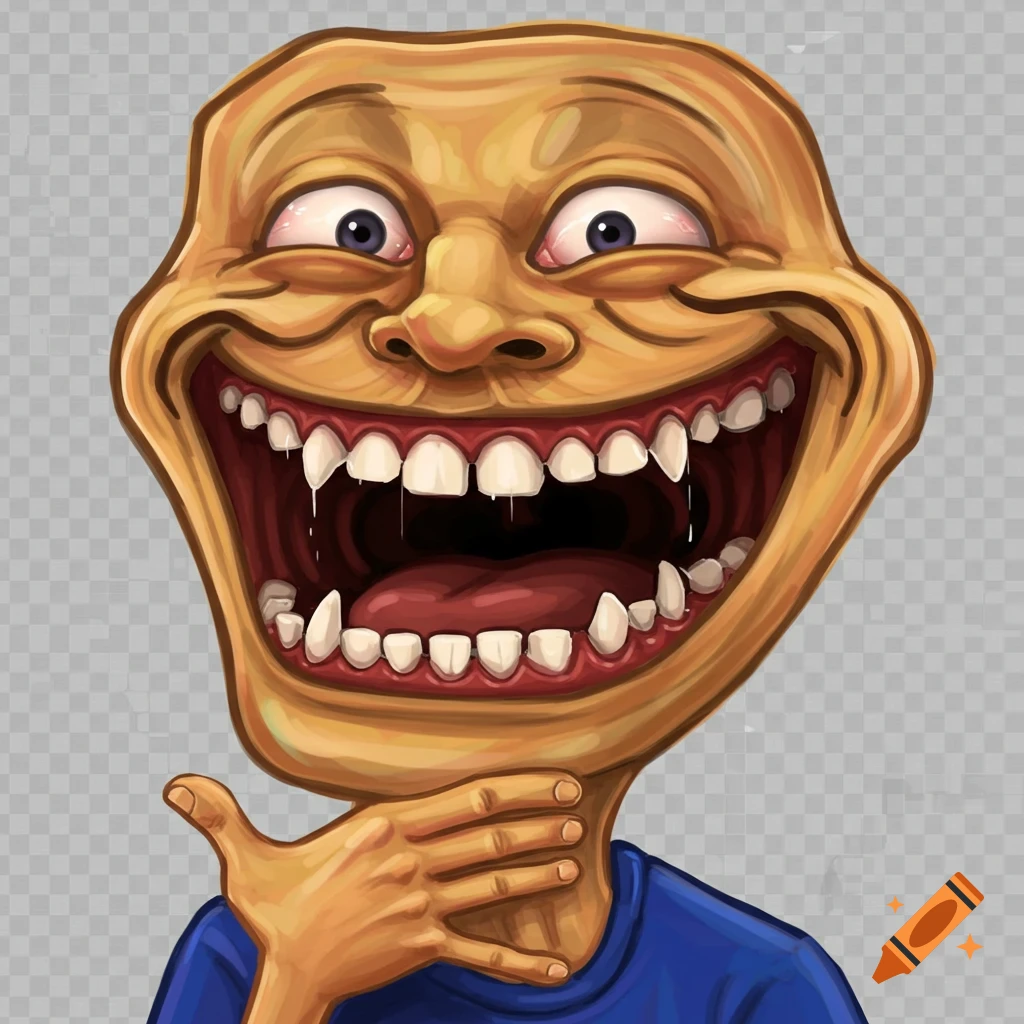 Cartoonish illustration of a wide-mouthed, laughing Troll Face meme with bulging eyes and sharp teeth, clutching its throat.