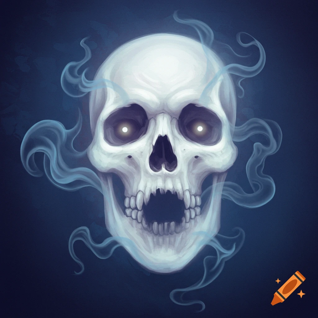 Stylized white skull with glowing eyes surrounded by blue smoke on a dark background.