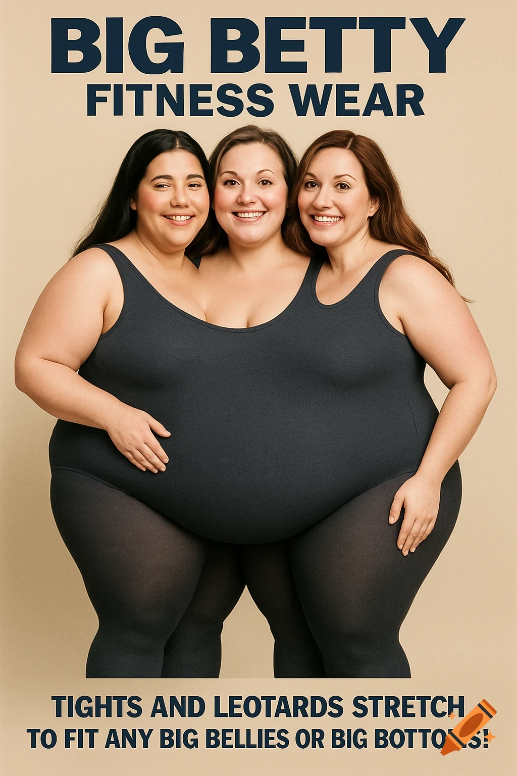 An advertisement for Big Betty Fitness Wear featuring three smiling, curvy women in dark grey leotards and tights.