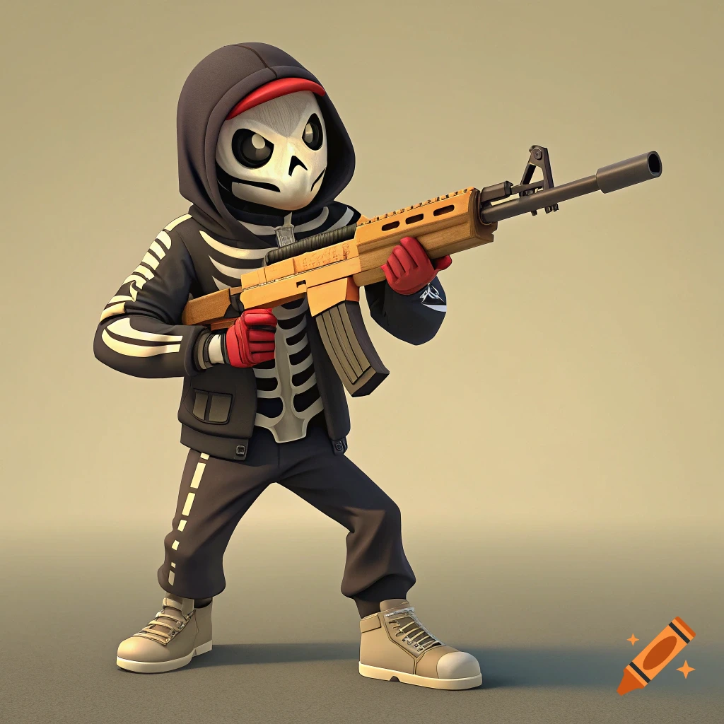 A stylized Roblox-like character wearing a black skeleton hoodie and red cap, holding a wooden assault rifle.