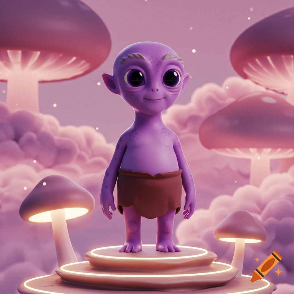 A cute purple cartoon alien stands on a glowing platform in a pink, mushroom-filled, cloudscape.