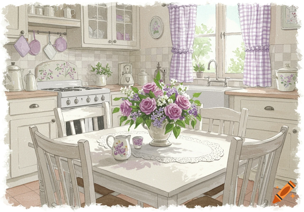 A watercolor painting of a cozy country kitchen with a table set with lilac roses, white cupboards, and gingham curtains.