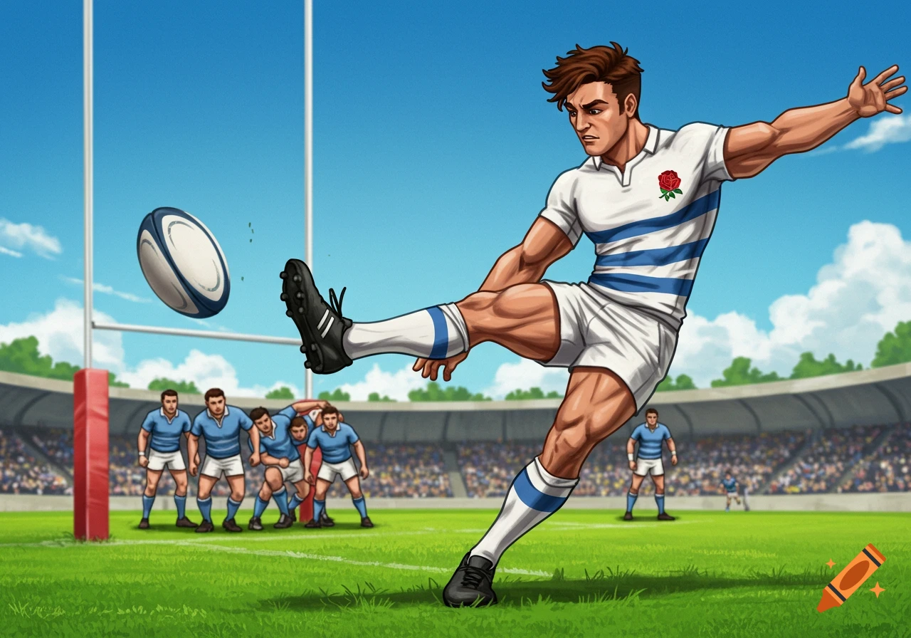 A muscular rugby player in a white and blue uniform kicks a ball on a green field in a stadium with other players and spectators. Illustrated style.